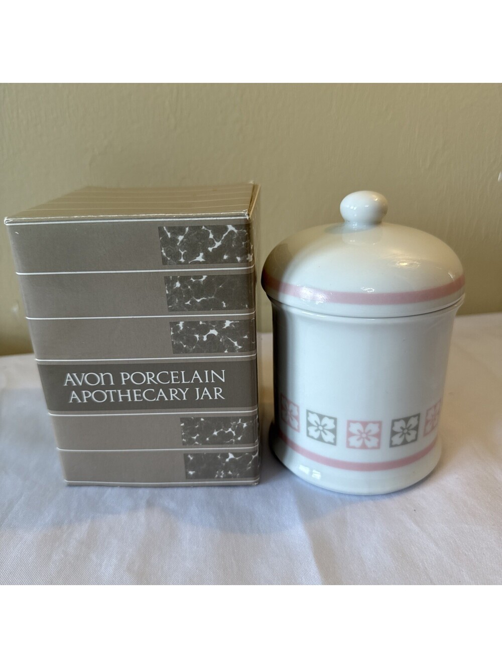 Vintage 1987 Avon Porcelain Apothecary Jar Pink Gray Floral w/ Original Box